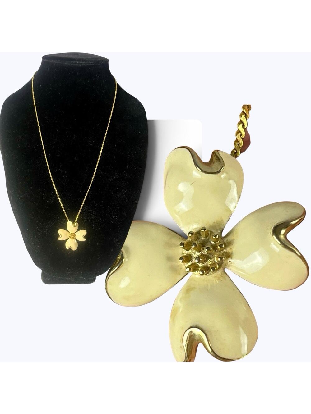 Vintage Mid Century Cream Enamel Dogwood Flower Pendant Necklace Gold Tone 24"